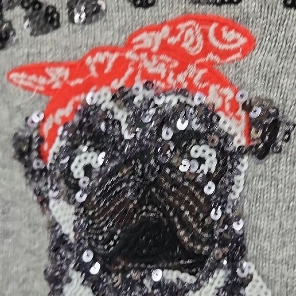 H&M Gangsta Wrapper Sequin Pug Dog Gray Crew Neck Sweater Urban Hip Christmas XS - Picture 7 of 14